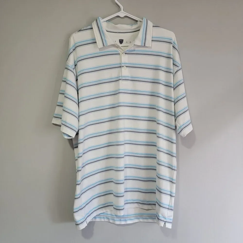 Nike Golf Dri Fit UV Polo Short Sleeve White Blue Stripe Large Shirt Casual Golf